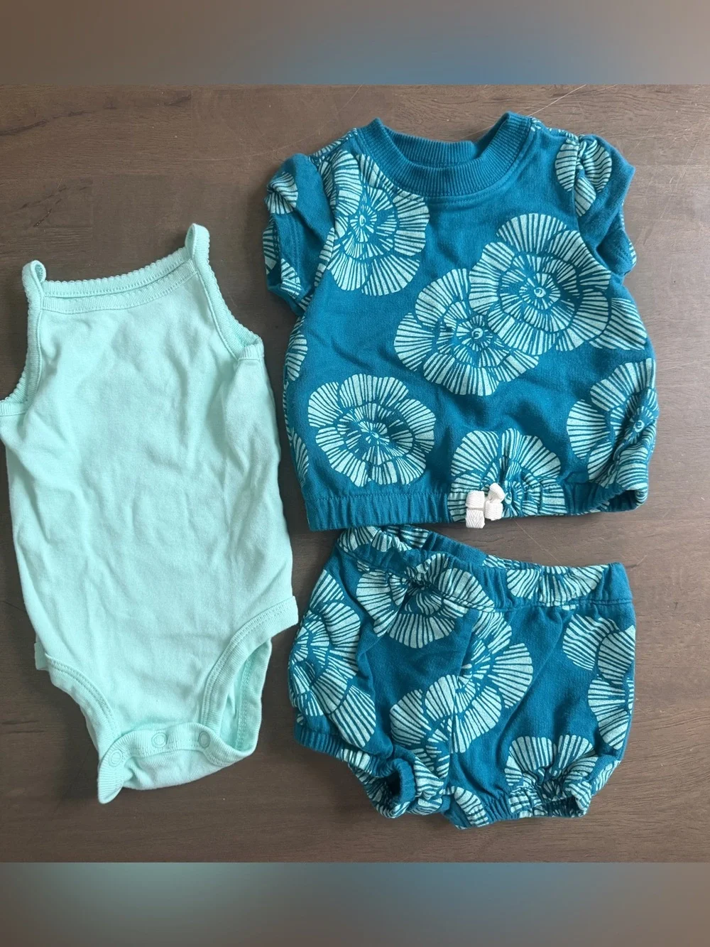 Carter's Girls 3M 3pc Outfit Set Blue Floral Top Shorts Bodysuit